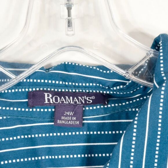 Roamans Plus Size 24W Top Green Striped Button Up Spread Collar Cotton 1528 - Picture 9 of 10
